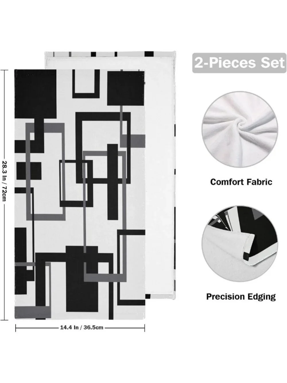 Set of 2 Black & White Geometric Hand Towels - Absorbent Microfiber, Modern